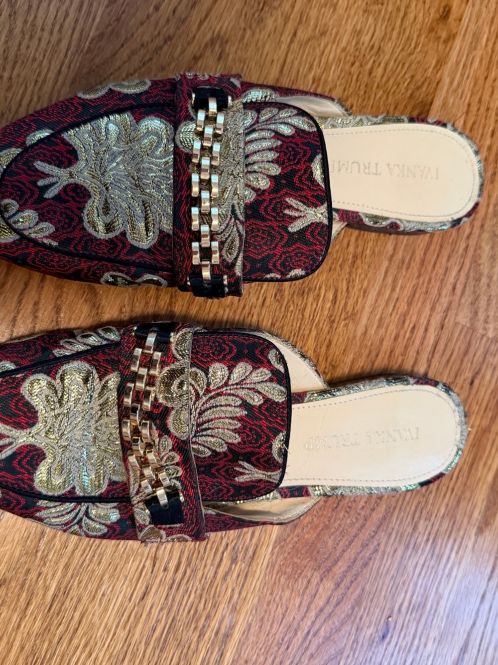 Ivanka Trump Red and Gold Brocade Slip-On Mules with Chain Accent